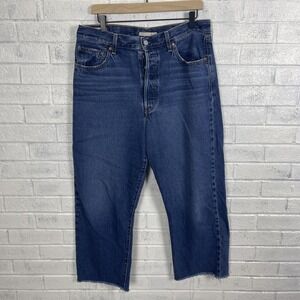 Levis Ribcage Straight Ankle Jeans Womens Size 32 High Rise Button Fly Raw Hem
